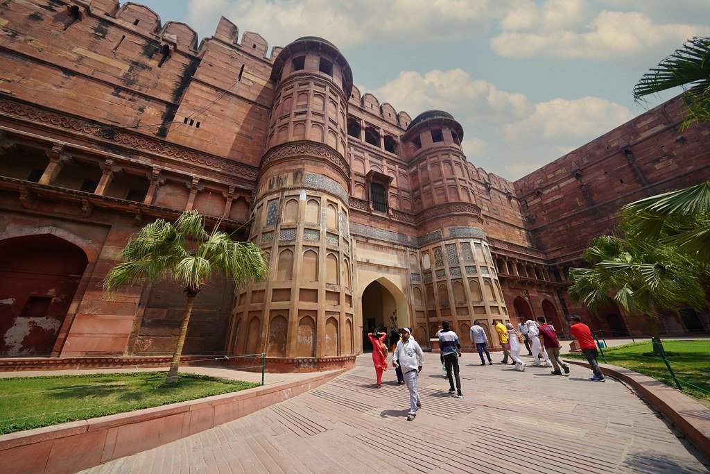 The red sandstone walls of Agra Fort
